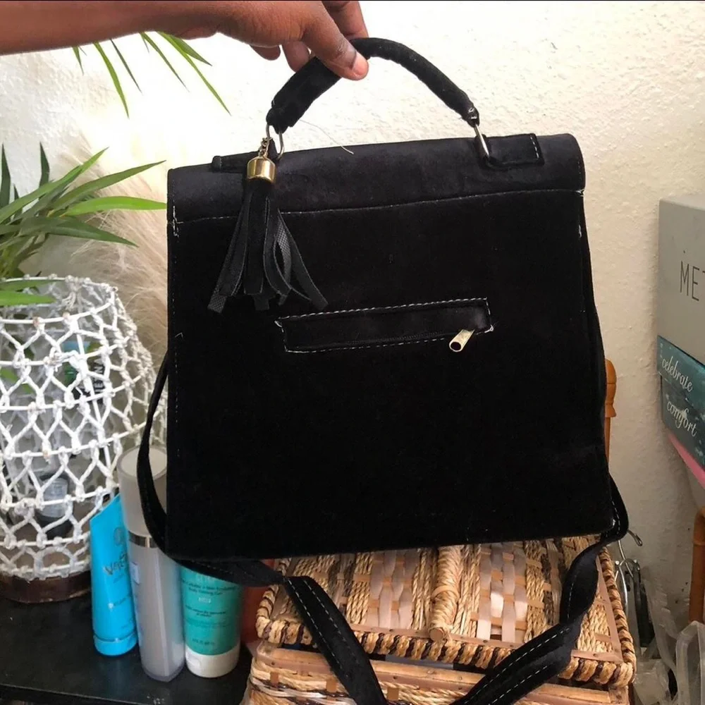 90s Vintage Goth Black Faux Suede Velvet Envelope Flap Briefcase Hand Bag Purse
